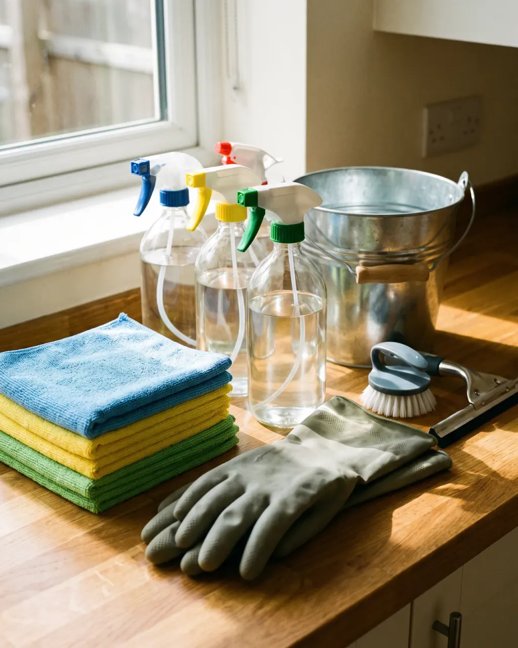 Cleaning kit laid out on a kitchen worktop ready for an end of tenancy clean in Liverpool
